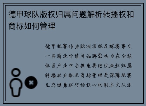 德甲球队版权归属问题解析转播权和商标如何管理