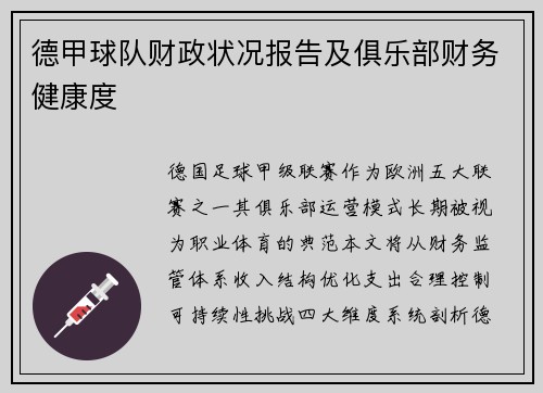 德甲球队财政状况报告及俱乐部财务健康度
